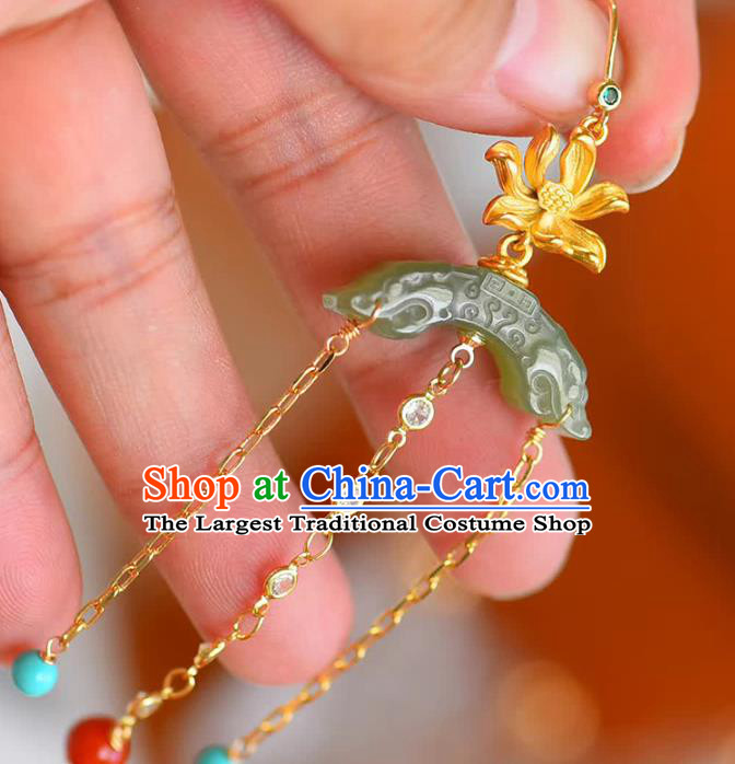 Handmade China Golden Lotus Eardrop National Jewelry Accessories Traditional Cheongsam Jade Moon Earrings