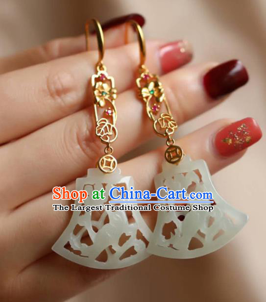 Handmade China Jade Carving Bird Eardrop National Jewelry Accessories Traditional Cheongsam Golden Earrings