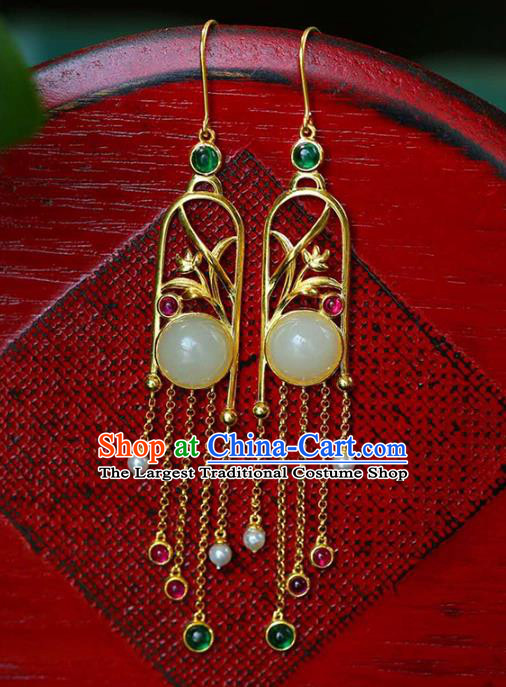 Handmade China Traditional Cheongsam Gems Tassel Earrings National Jewelry Accessories Golden Orchids Eardrop