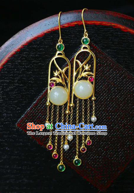 Handmade China Traditional Cheongsam Gems Tassel Earrings National Jewelry Accessories Golden Orchids Eardrop