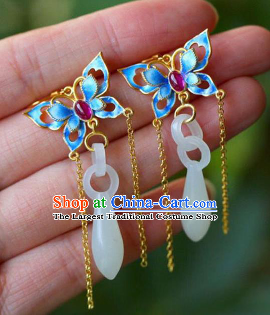 Handmade China Blueing Butterfly Eardrop Accessories Traditional Jewelry National Cheongsam Jade Vase Earrings