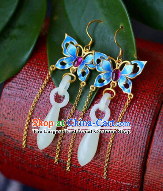 Handmade China Blueing Butterfly Eardrop Accessories Traditional Jewelry National Cheongsam Jade Vase Earrings
