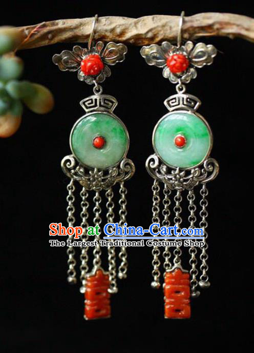 Handmade China Wedding Eardrop Accessories Traditional Jade Jewelry National Cheongsam Silver Tassel Earrings