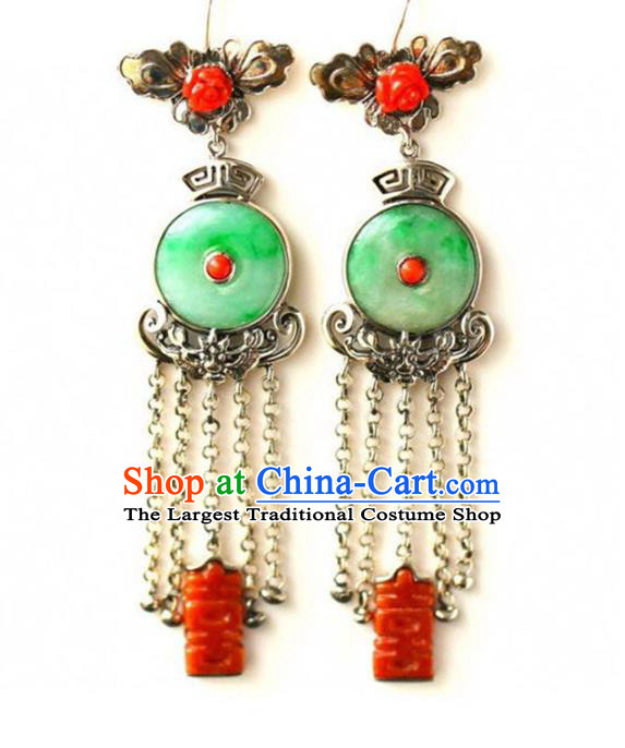 Handmade China Wedding Eardrop Accessories Traditional Jade Jewelry National Cheongsam Silver Tassel Earrings