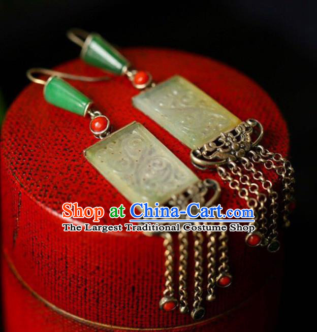 Handmade China National Cheongsam Earrings Wedding Silver Tassel Eardrop Accessories Traditional Jade Jewelry