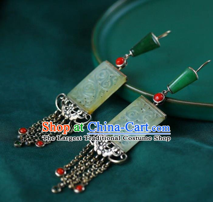 Handmade China National Cheongsam Earrings Wedding Silver Tassel Eardrop Accessories Traditional Jade Jewelry