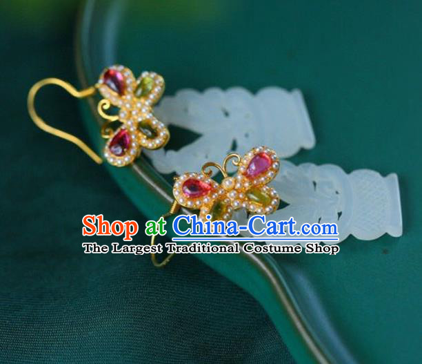 Handmade China Gems Butterfly Eardrop Accessories Traditional Jade Jewelry National Cheongsam Pearls Earrings