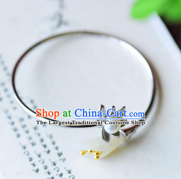 China Handmade Silver Pearl Bracelet Traditional Jewelry Accessories National Jade Mangnolia Bangle