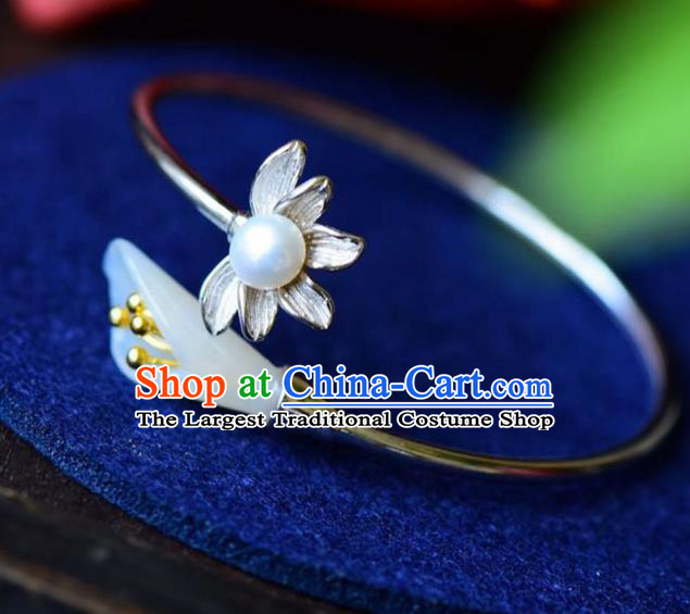 China Handmade Silver Pearl Bracelet Traditional Jewelry Accessories National Jade Mangnolia Bangle