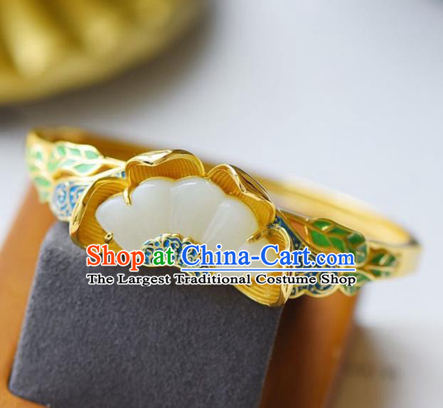 China Handmade Golden Bracelet Traditional Jewelry Accessories National Blueing Jade Lotus Bangle