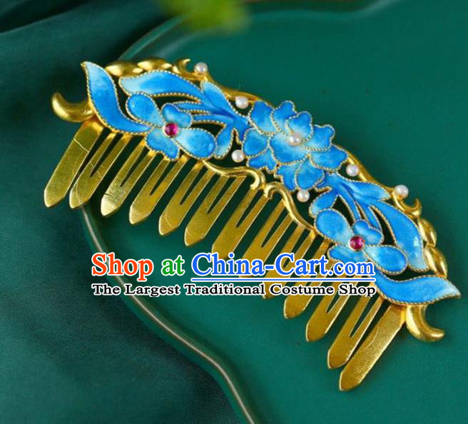 Chinese Traditional Cloisonne Lotus Hairpin Handmade Ancient Qing Dynasty Court Pearls Hair Comb