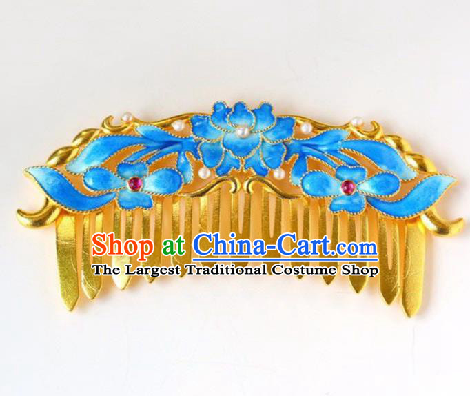 Chinese Traditional Cloisonne Lotus Hairpin Handmade Ancient Qing Dynasty Court Pearls Hair Comb