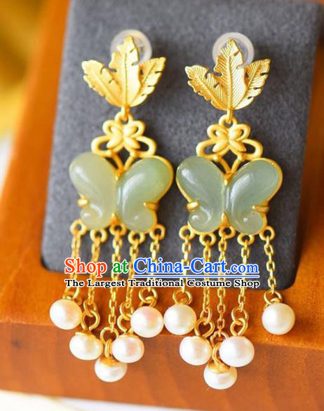 Handmade China National Jade Butterfly Earrings Traditional Jewelry Cheongsam Pearls Tassel Eardrop Accessories