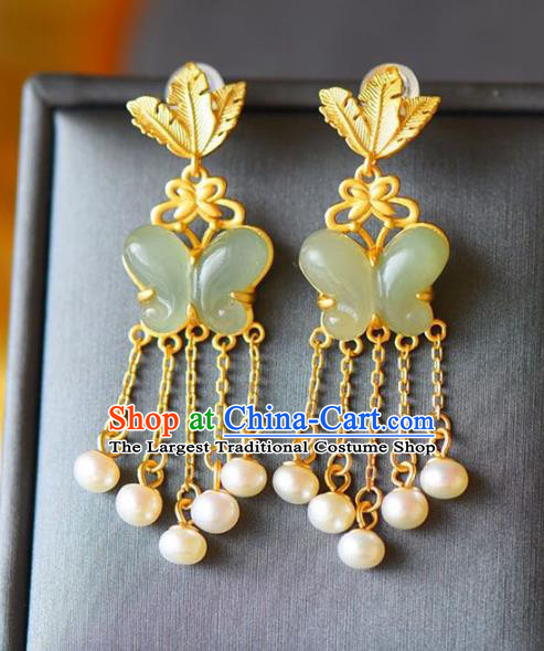 Handmade China National Jade Butterfly Earrings Traditional Jewelry Cheongsam Pearls Tassel Eardrop Accessories