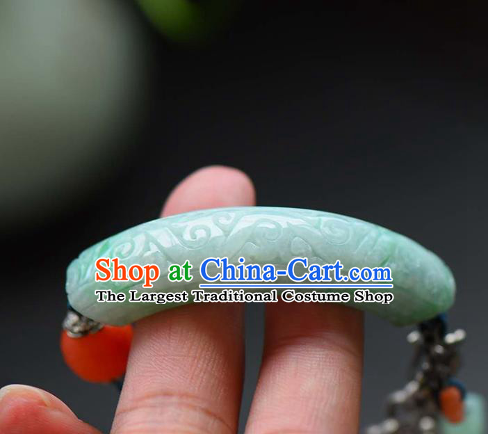 China Handmade Jadeite Carving Cloud Bracelet Traditional Jewelry Accessories National Silver Tassel Bangle