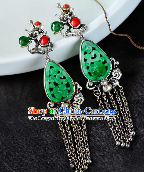 Handmade China Silver Plum Eardrop Accessories Traditional Jade Jewelry National Cheongsam Tassel Earrings