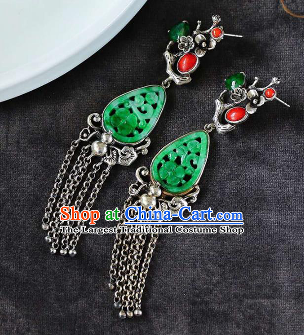 Handmade China Silver Plum Eardrop Accessories Traditional Jade Jewelry National Cheongsam Tassel Earrings