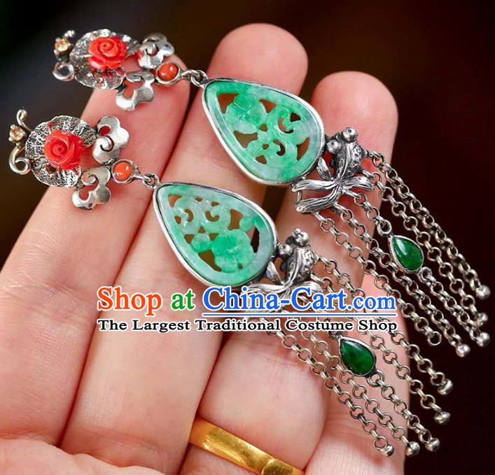 Handmade China National Cheongsam Silver Tassel Earrings Jade Eardrop Accessories Traditional Jewelry