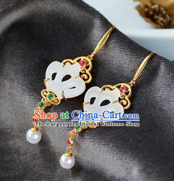 Handmade China Traditional Jewelry National Cheongsam Jade Earrings Golden Crown Eardrop Accessories