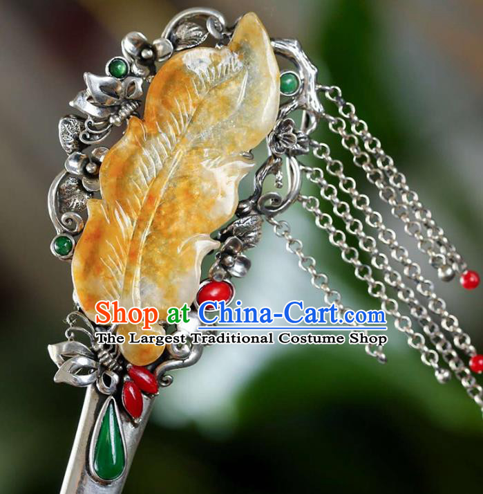 Chinese National Jade Jewelry Traditional Handmade Hair Accessories Silver Tassel Hairpin