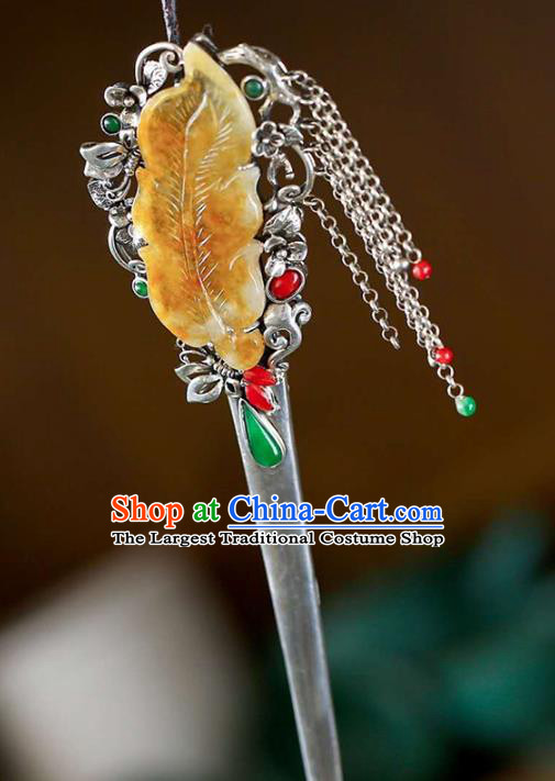 Chinese National Jade Jewelry Traditional Handmade Hair Accessories Silver Tassel Hairpin