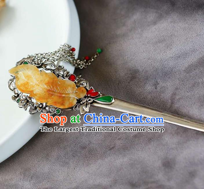 Chinese National Jade Jewelry Traditional Handmade Hair Accessories Silver Tassel Hairpin