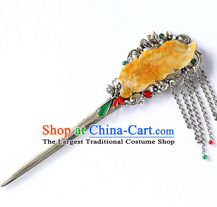 Chinese National Jade Jewelry Traditional Handmade Hair Accessories Silver Tassel Hairpin