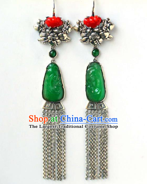 Handmade China Traditional Silver Tassel Eardrop National Jewelry Accessories Cheongsam Jadeite Earrings