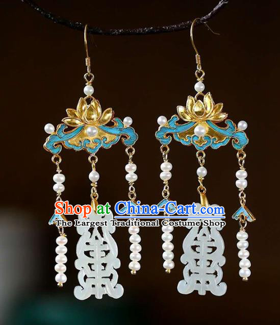 Handmade China Traditional Lotus Eardrop Accessories National Jade Jewelry Cheongsam Pearls Tassel Earrings
