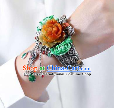 China Handmade Silver Tassel Bracelet Traditional Jewelry Accessories National Jade Carving Peony Bangle