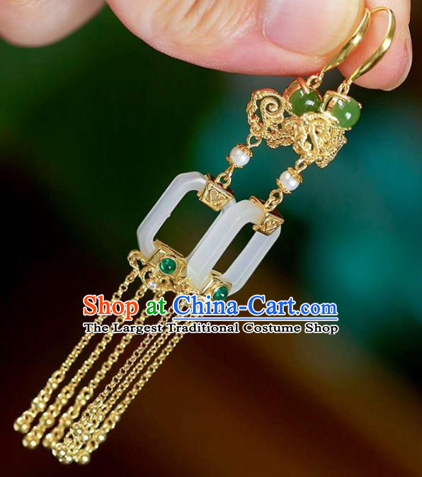 Handmade China Cheongsam Golden Tassel Earrings Traditional National Jewelry Jade Eardrop Accessories