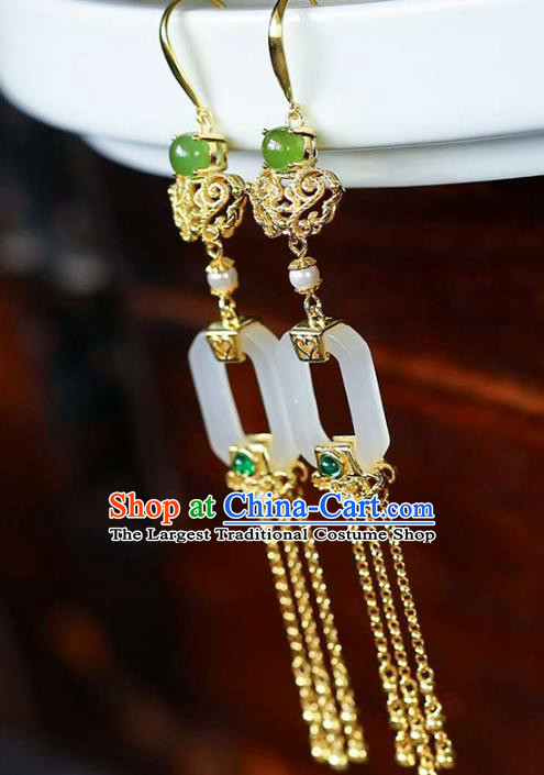 Handmade China Cheongsam Golden Tassel Earrings Traditional National Jewelry Jade Eardrop Accessories