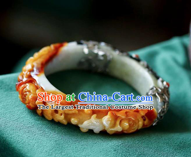 China Handmade Jade Carving Bracelet Traditional Jewelry Accessories National Silver Bangle