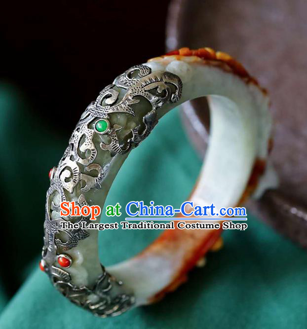 China Handmade Jade Carving Bracelet Traditional Jewelry Accessories National Silver Bangle