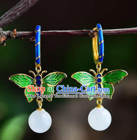 Handmade China National Cloisonne Green Butterfly Earrings Traditional Jewelry Cheongsam Hetian Jade Eardrop Accessories