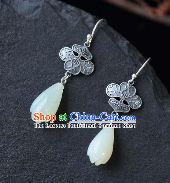 Handmade China National Jade Mangnolia Earrings Traditional Jewelry Cheongsam Eardrop Silver Accessories