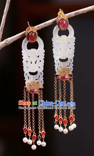 Handmade China National Pink Tourmaline Earrings Traditional Jade Jewelry Cheongsam Tassel Eardrop Accessories