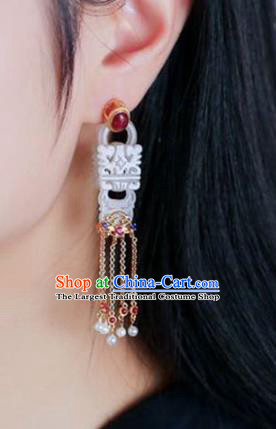 Handmade China National Pink Tourmaline Earrings Traditional Jade Jewelry Cheongsam Tassel Eardrop Accessories