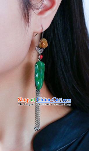 Handmade China National Jade Leaf Earrings Cheongsam Tassel Eardrop Accessories Traditional Silver Jewelry