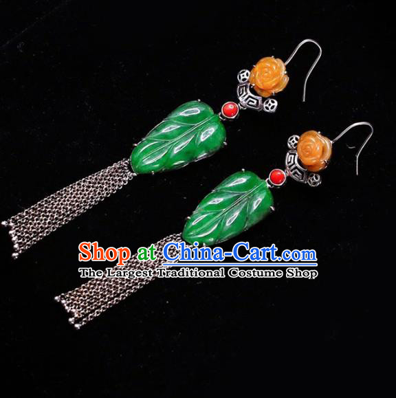 Handmade China National Jade Leaf Earrings Cheongsam Tassel Eardrop Accessories Traditional Silver Jewelry
