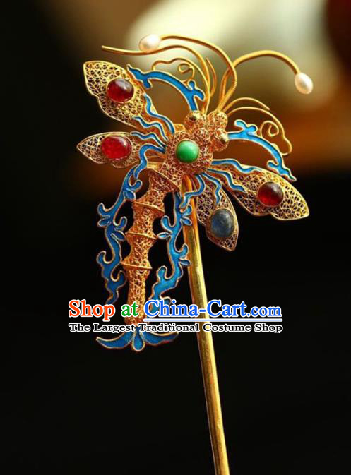 Chinese National Golden Dragonfly Brooch Jewelry Traditional Handmade Qing Dynasty Hairpin Cloisonne Hair Accessories