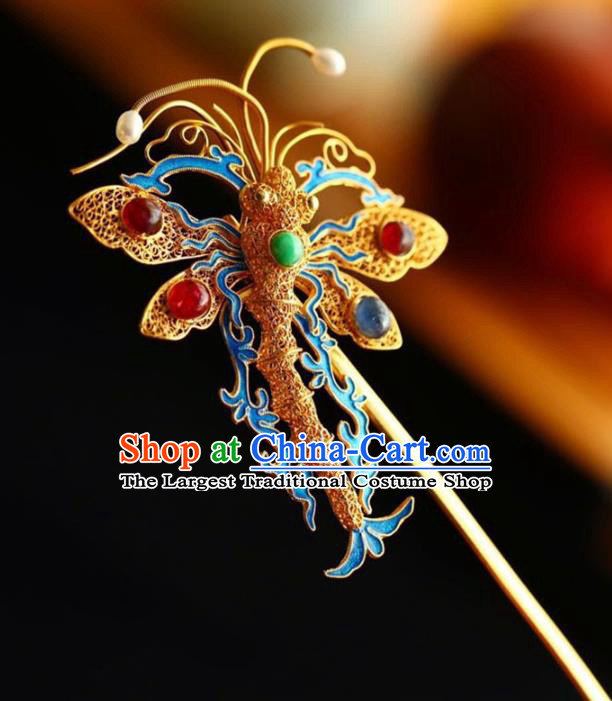 Chinese National Golden Dragonfly Brooch Jewelry Traditional Handmade Qing Dynasty Hairpin Cloisonne Hair Accessories