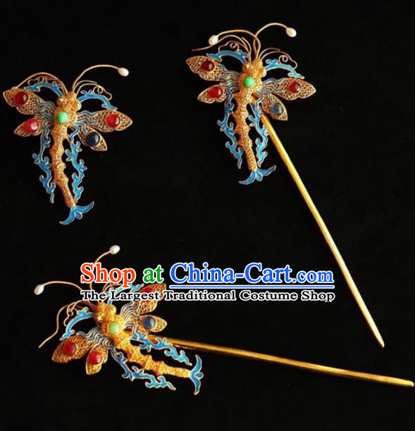 Chinese National Golden Dragonfly Brooch Jewelry Traditional Handmade Qing Dynasty Hairpin Cloisonne Hair Accessories