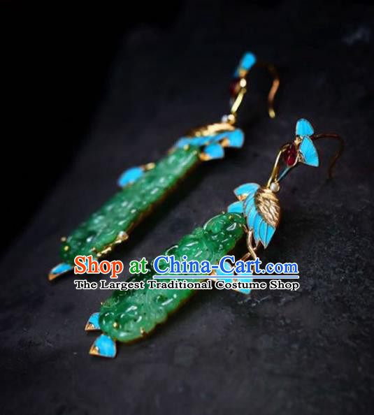Handmade China National Jade Carving Cloud Earrings Traditional Jewelry Cheongsam Blueing Crane Eardrop Accessories