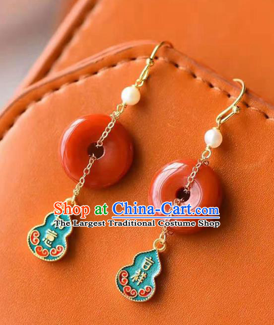Handmade China National Enamel Gourd Earrings Traditional Jewelry Cheongsam Agate Peace Buckle Eardrop Accessories