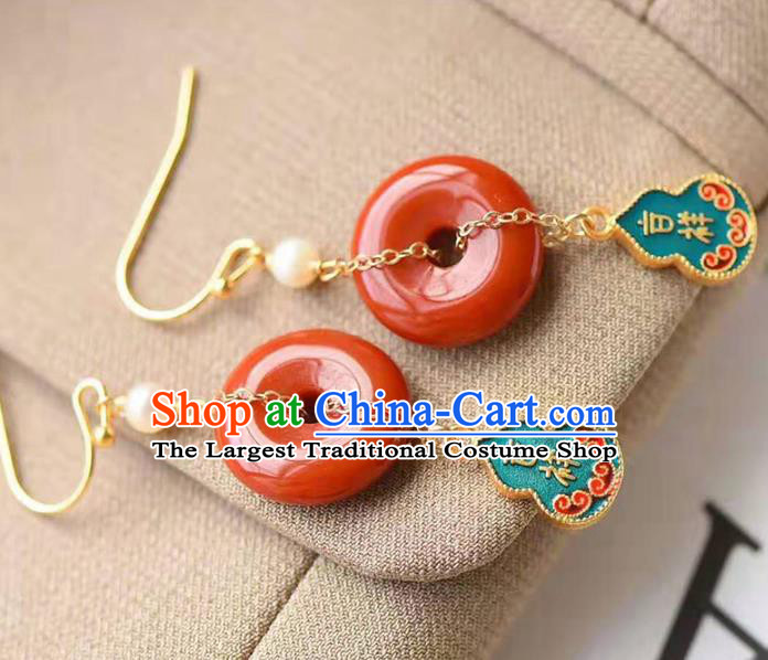 Handmade China National Enamel Gourd Earrings Traditional Jewelry Cheongsam Agate Peace Buckle Eardrop Accessories