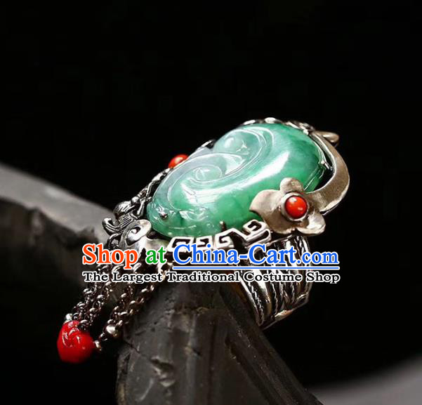 Chinese National Silver Tassel Ring Jewelry Traditional Handmade Jade Carving Circlet Accessories