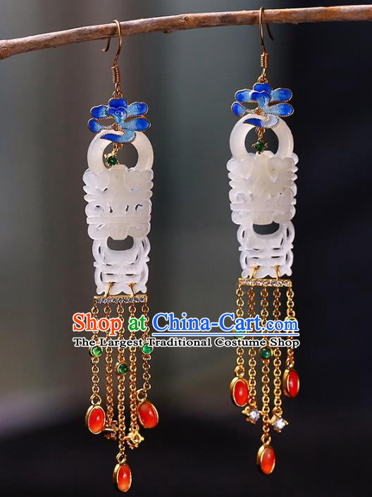 Handmade China National Tassel Earrings Traditional Blueing Jewelry Accessories Cheongsam Jade Eardrop