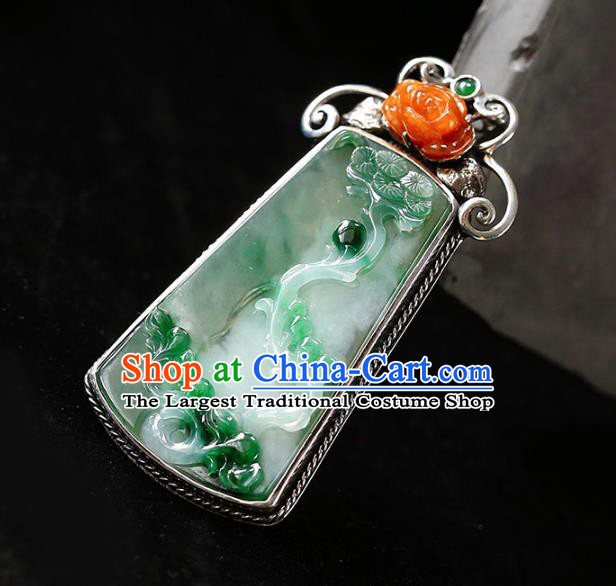 Chinese National Classical Jade Carving Necklace Accessories Handmade Silver Necklet Pendant