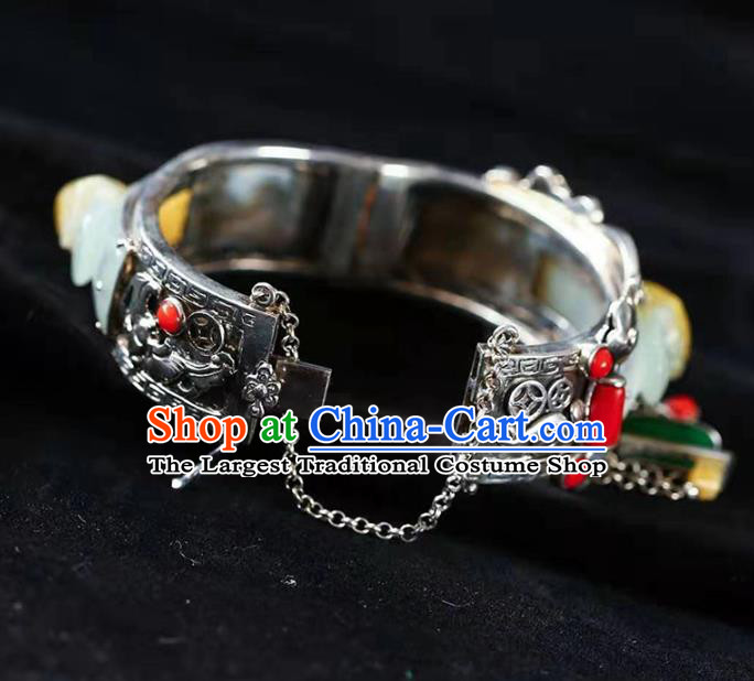 China Handmade Retro Silver Bracelet Traditional Jewelry Accessories National Jade Carving Bangle